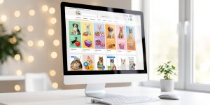 Ordinateur sur un bureau moderne et lumineux, affichant une ambiance d’animalerie en ligne avec des accessoires pour animaux, éclairage naturel et style photo réaliste.