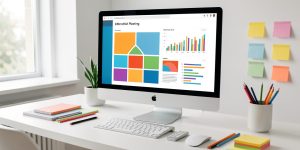 Bureau lumineux d’une agence digitale avec ordinateur affichant une interface abstraite de planification et de graphiques colorés, entouré de notes adhésives.
