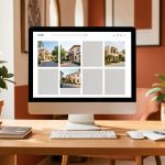 Écran d’ordinateur affichant une interface immobilière moderne sans texte, posé sur un bureau lumineux aux accents marocains.