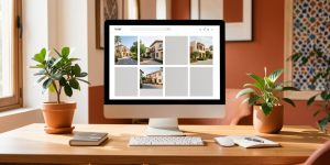 Écran d’ordinateur affichant une interface immobilière moderne sans texte, posé sur un bureau lumineux aux accents marocains.