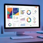 Écran d’ordinateur affichant un tableau de bord abstrait d’audit web avec graphiques colorés dans un espace de travail d’agence digitale moderne.