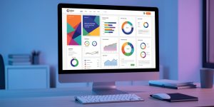 Écran d’ordinateur affichant un tableau de bord abstrait d’audit web avec graphiques colorés dans un espace de travail d’agence digitale moderne.