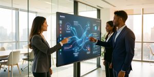 Une équipe B2B composée de deux femmes et d’un homme collabore devant un tableau de bord numérique abstrait dans un bureau moderne et lumineux.