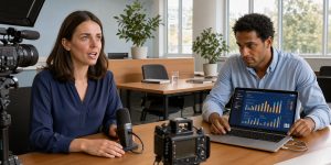 Une femme et un homme filment un tutoriel professionnel dans un bureau moderne et lumineux, avec un ordinateur affichant des graphiques analytiques abstraits.