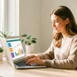 Une blogueuse travaille sur un ordinateur dans un bureau moderne et lumineux, avec des graphiques de revenus abstraits et des icônes numériques visuelles.