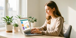 Une blogueuse travaille sur un ordinateur dans un bureau moderne et lumineux, avec des graphiques de revenus abstraits et des icônes numériques visuelles.