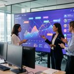 Équipe marketing composée de deux femmes et d’un homme devant un tableau de bord numérique présentant des graphiques abstraits et des connexions colorées entre plusieurs canaux, avec un ordinateur au premier plan.