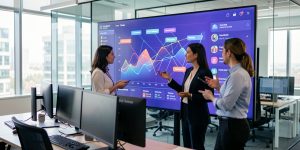 Équipe marketing composée de deux femmes et d’un homme devant un tableau de bord numérique présentant des graphiques abstraits et des connexions colorées entre plusieurs canaux, avec un ordinateur au premier plan.