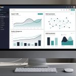 Illustration éditoriale d’un tableau de bord SEO abstrait présentant des graphiques de positions, de trafic organique et de domaines référents dans un bureau sobre et professionnel.