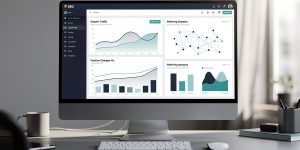 Illustration éditoriale d’un tableau de bord SEO abstrait présentant des graphiques de positions, de trafic organique et de domaines référents dans un bureau sobre et professionnel.